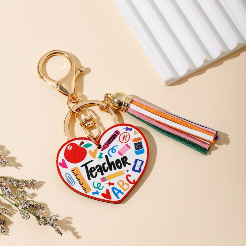 Wholesale Graduation Season Gift Teacher Rainbow Wooden Tag Tassel Keychain